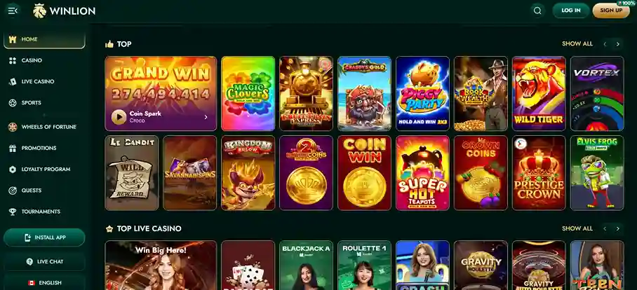 Winlion CA Main Lobby – Popular slots, live dealers and bonuses for Canadian players